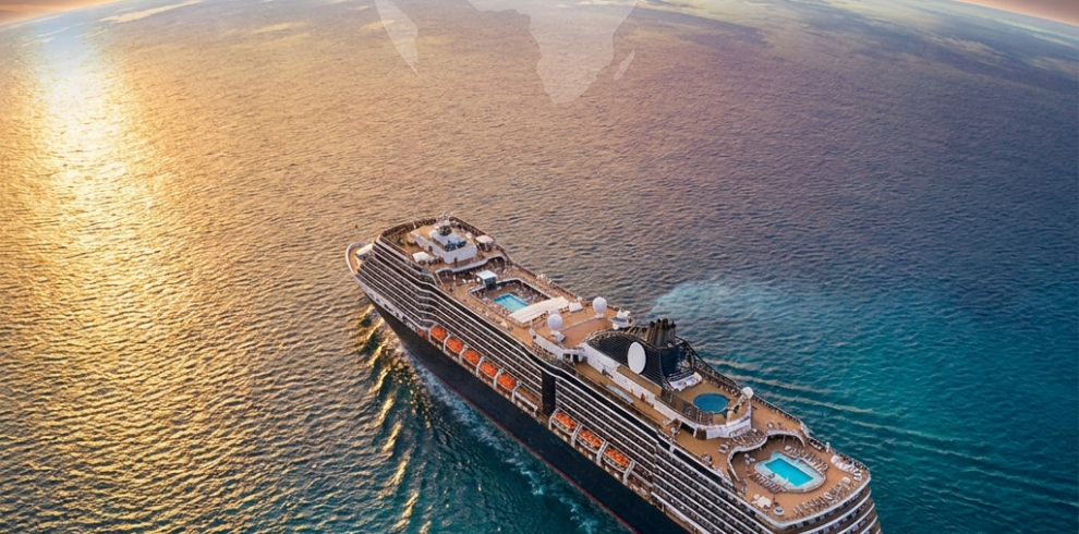 A luxury cruise ship sailing the ocean on an around-the-world voyage
