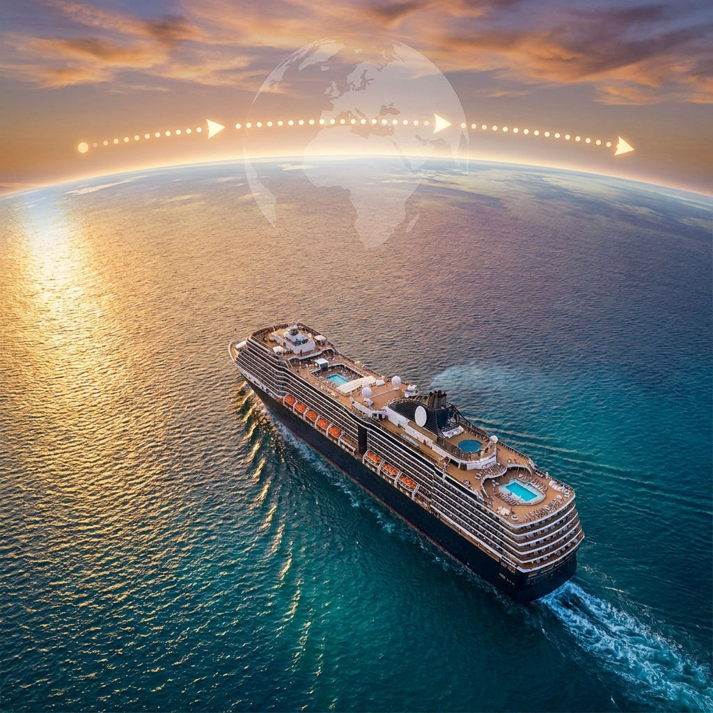 A luxury cruise ship sailing the ocean on an around-the-world voyage