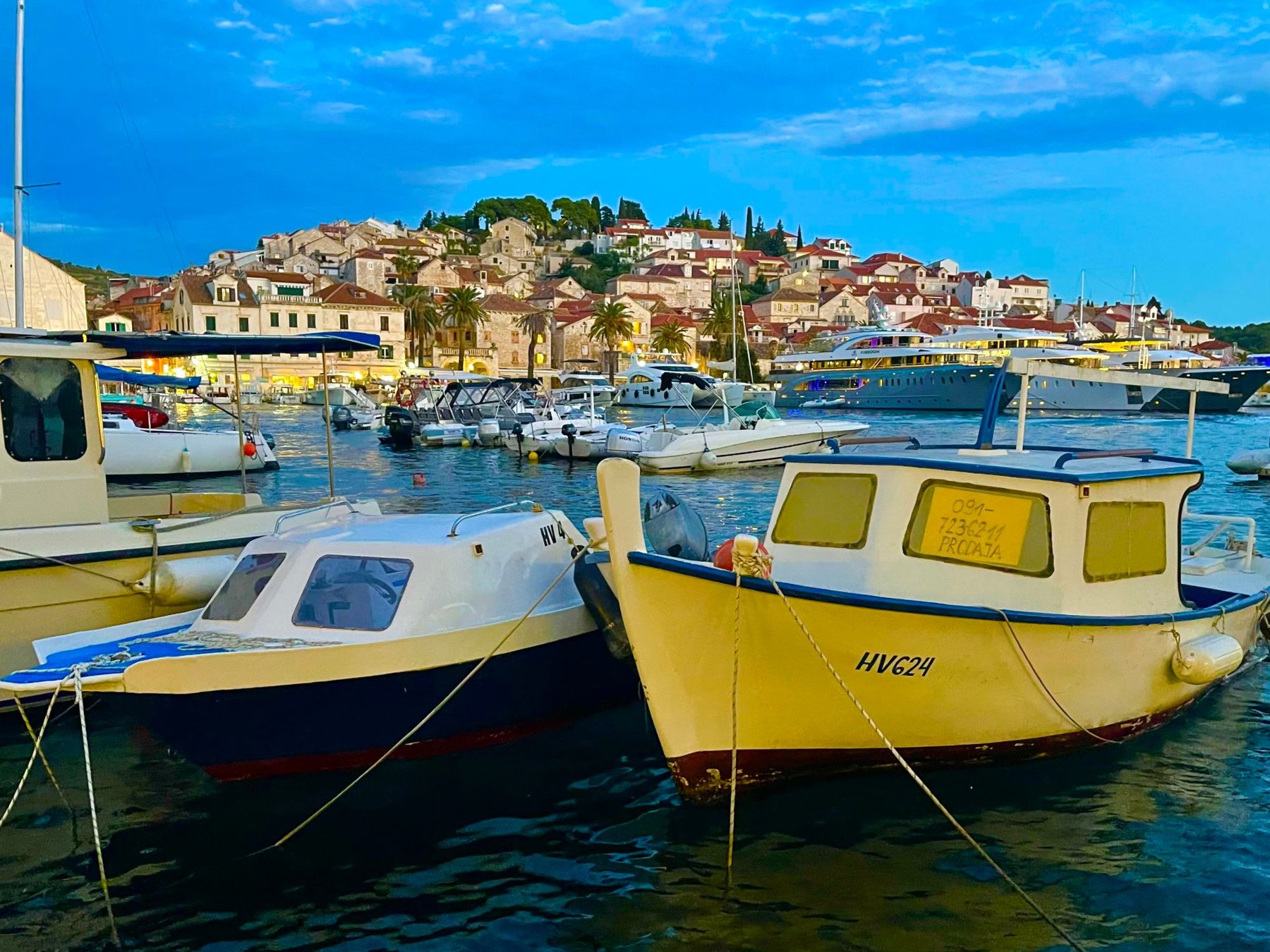 Hvar Town harbor at dusk, Croatia