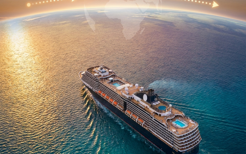 A luxury cruise ship sailing the ocean on an around-the-world voyage